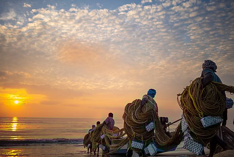 Coastal life awakens as fishermen set out with the tides